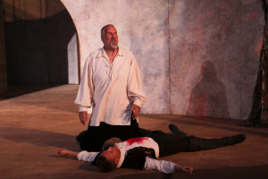 Hieronimo, Knight-Marshal of Spain (Julian Lopez-Morillas) mourns for his murdered son Horatio (Erik Johnson) in Marin Shakespeare Company's outdoor production of Thomas Kyd's "The Spanish Tragedy." Photo by Eric Chazankin