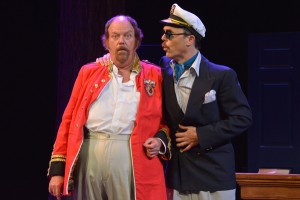 Falstaff (Richard Ziman) is fooled yet again by "Master Brook"- Master Ford (Mark Anderson Phillips) in disguise in Santa Cruz Shakespeare's The Merry Wives of Windsor. Photo by Jana Marcus. 