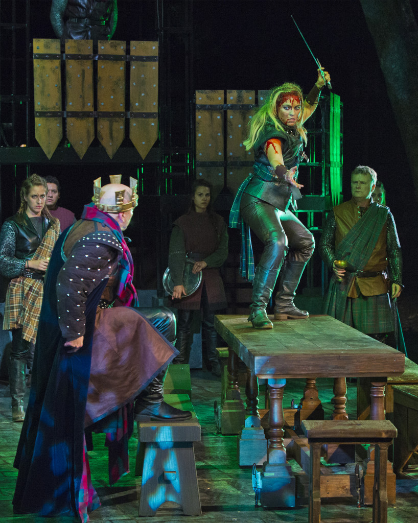 Steve Pickering (Macbeth) and Greta Wohlrabe (Banquo) in Santa Cruz Shakespeare’s Macbeth by William Shakespeare. Also pictured (l. to r.): Madison Kisst, Carlos Angel-Barajas, Kipp Moorman, and Sarah Traisman. Photo by rr jones.