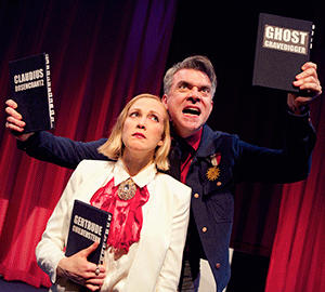 Kevin Clark and Megan Trout, as Hamlet upbraiding his mother with the images of his father and uncle. (which is not the cast configuration I saw.)